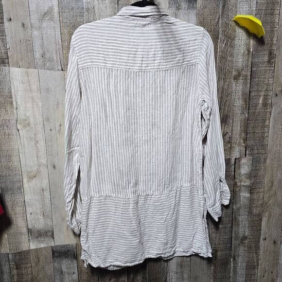 Tahari Linen Cream and Pink Stripe Button Up Tunic Mini Dress - Picture 2 of 3